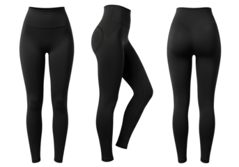 Three views of black leggings isolated on transparent background