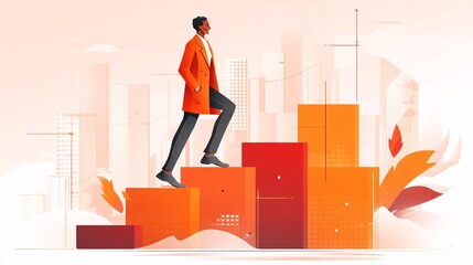 business professional climbing upward stairs made of abstract blocks symbolizing progress and achievement, modern city skyline background, concept of growth, leadership, and determination toward 