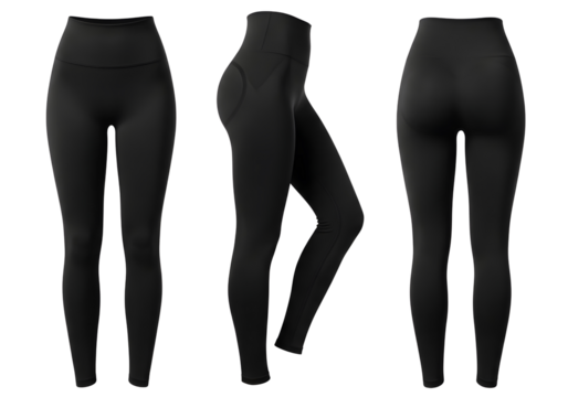 Three views of black leggings isolated on transparent background