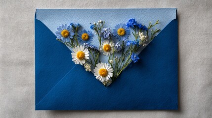 Blank card with gift box and blue envelope in soft floral arrangement featuring fresh white daisies for elegant celebration, greeting card design, and spring-themed decorative composition