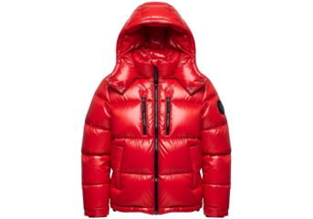 Shiny red puffer jacket with hood isolated on transparent background