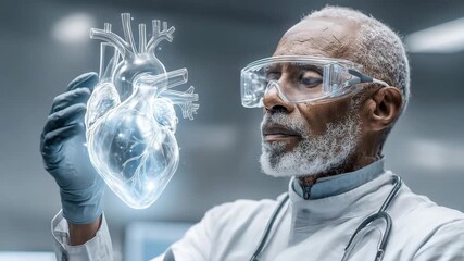 A cardiologist in a lab coat and goggles holds a glowing 3D hologram of a human heart. Medical technology, AI, cardiology, research. - Powered by Adobe