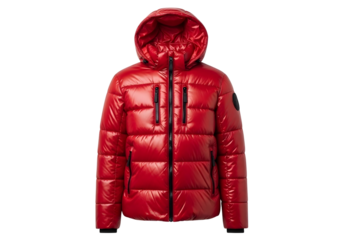 Shiny red puffer jacket with hood isolated on transparent background