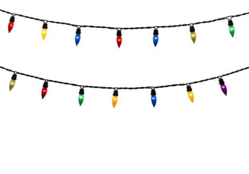Colorful christmas lights string isolated on transparent background
