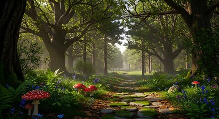 Lush woodland scene with a mysterious stone path, towering trees, and dramatic sun rays filtering through the canopy.