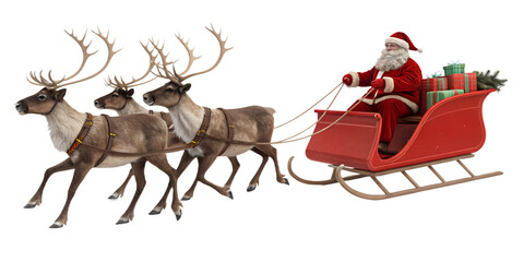 Santa Claus riding in a red sleigh pulled by four reindeer, isolated on transparent background. Traditional Christmas scene with Santa delivering gifts. Festive holiday concept with realistic 3D rende