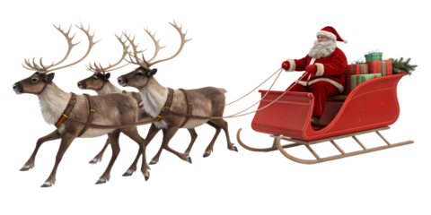 Santa Claus riding in a red sleigh pulled by four reindeer, isolated on transparent background. Traditional Christmas scene with Santa delivering gifts. Festive holiday concept with realistic 3D rende
