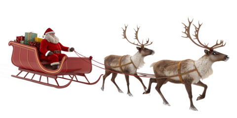 Santa Claus riding in a red sleigh pulled by four reindeer, isolated on transparent background. Traditional Christmas scene with Santa delivering gifts. Festive holiday concept with realistic 3D rende