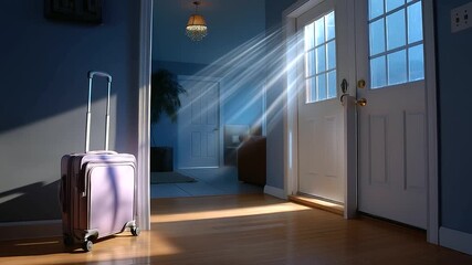 Sunlight streaming through the window onto a suitcase near the door, symbol of departure and love, faceless composition, with copy space.