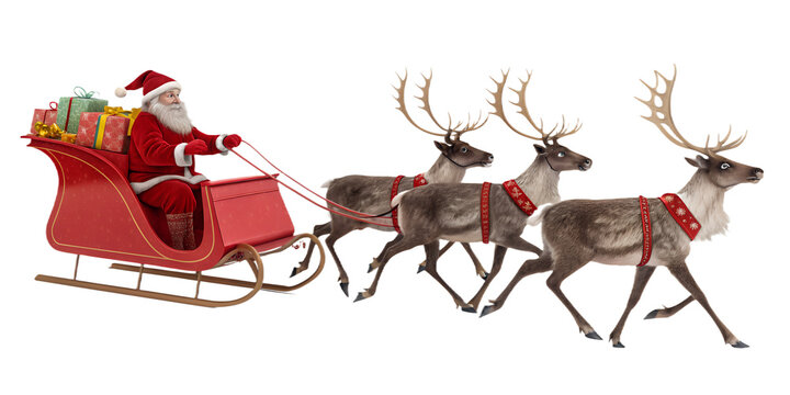 Santa Claus riding in a red sleigh pulled by four reindeer, isolated on transparent background. Traditional Christmas scene with Santa delivering gifts. Festive holiday concept with realistic 3D rende - Powered by Adobe