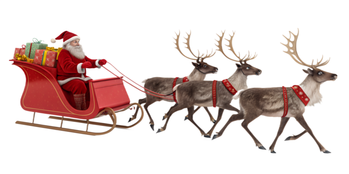 Santa Claus riding in a red sleigh pulled by four reindeer, isolated on transparent background. Traditional Christmas scene with Santa delivering gifts. Festive holiday concept with realistic 3D rende