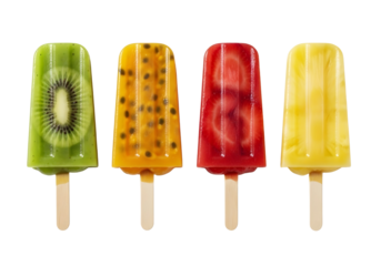 Four colorful fruit popsicles isolated on transparent background