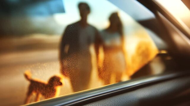 Defocused reflection of grandparents in the car window, family silhouettes visible in the glass, tender and nostalgic tone, with copy space.