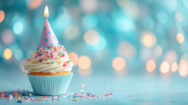 Festive birthday scene with burning candle in cupcake surrounded by colorful sprinkles and party hats on light blue table against turquoise background with blurred celebration lights and space for tex