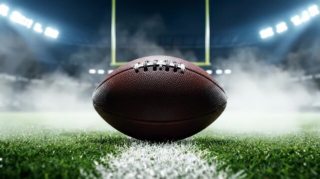 football rests on marked line at center of field. stadium floodlight glow above goalpost. smoke drifts across turf. stands shape distant rim. scene set for game start. fans await play. teams ready.