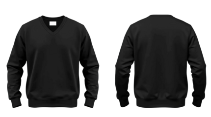 Black v-neck sweatshirt in front and back view, mockup isolated on transparent background