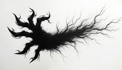 Abstract black tendrils spread like a creature reaching out. Delicate lines form organic shapes on white background. Spooky shadowy form suggests mystery or dark fantasy.