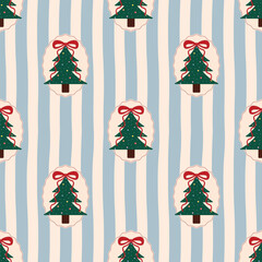 Vintage Christmas Tree Seamless Pattern with Blue and Cream Stripes for Holiday Fabric and Retro Textile Print