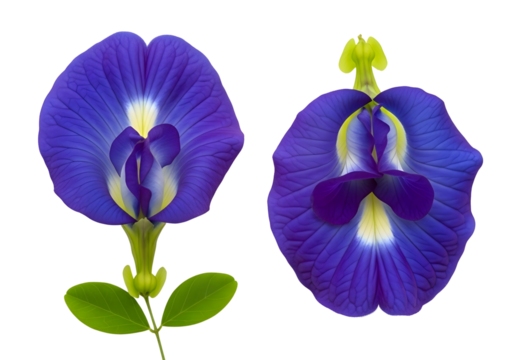 Two vibrant blue butterfly pea flowers isolated on transparent background