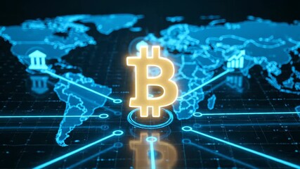 Glowing bitcoin symbol hovers above interactive world map. Cryptocurrency network links continents. Blockchain nodes pulse with digitalcurrency. Finance and fintech visual shows btc flow worldwide. - Powered by Adobe