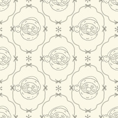 Christmas seamless pattern with doodle hand drawn Santa Claus in whimsical frame. Cute vintage Xmas background for print, wrapping paper, fabric, textile, wallpaper.