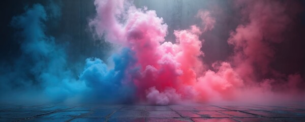 Obraz premium Vibrant blue, pink smoke clouds fill dark concrete studio stage. Dynamic colorful fog creates abstract atmospheric background. Empty room ready for product presentation, tech event art display.