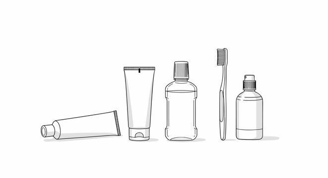 line drawing set of dental hygiene products including toothbrush, toothpaste tube and mouthwash bottle for health blogs, medical websites, preventative care leaflets and package design mockups