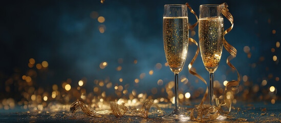 Toast to victory with elegant champagne flutes and shimmering gold ribbon, celebrating success and festive occasions with bubbly delight