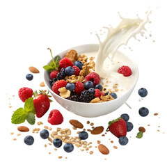 Nutritious Breakfast: Cereal, Berries, Almonds with Milk Splash on transparent background
