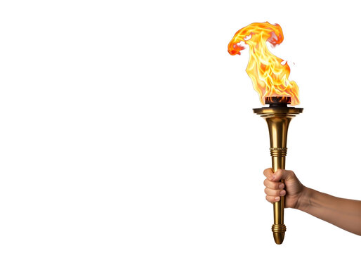 Hand holding a burning olympic torch with bright flames isolated on transparent background