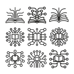 Digital education technology icons featuring open books and circuits