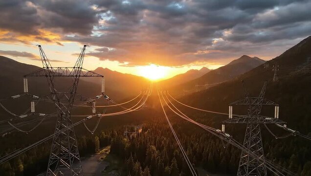 Power lines at sunset in a mountainous landscape.