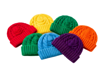 Collection of colorful knitted winter hats isolated on transparent background