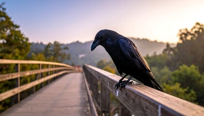 Crow Perched on Bridge Railing at Sunrise.