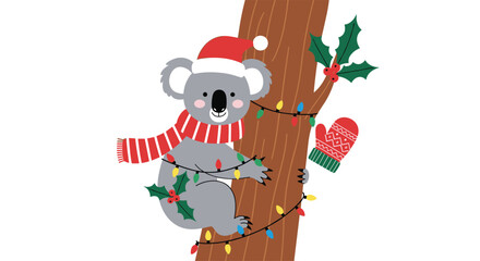 A cute koala wearing a santa hat and scarf is climbing a tree decorated with christmas lights and holly.