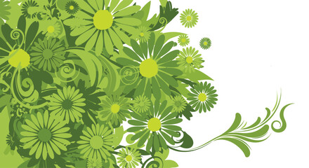 A vibrant cascade of green floral elements and decorative swirls creates a sense of natural beauty and organic growth.