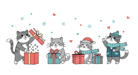 Cute cats celebrating winter holidays with gifts and snow.