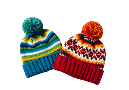 Two colorful knitted winter hats with pom poms isolated on transparent background