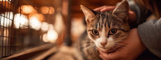 Close interaction between a person and a tabby cat at an animal shelter during late afternoon hours