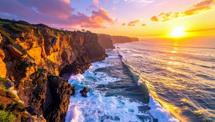 A vibrant sunset illuminates a dramatic coastline with rugged cliffs and powerful ocean waves, creating a breathtaking natural spectacle.