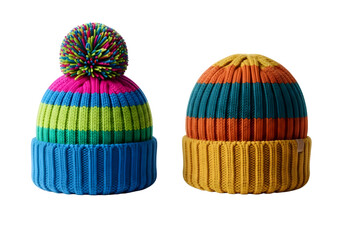 Two colorful knitted winter hats with pom poms isolated on transparent background