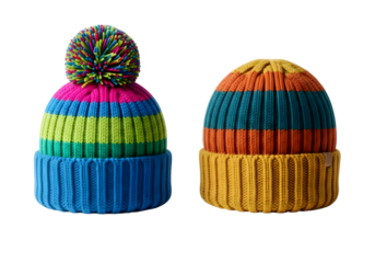 Two colorful knitted winter hats with pom poms isolated on transparent background
