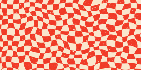 Psychedelic abstract wavy checkered background in red and beige. Groovy irregular checker pattern with vintage texture for retro prints, posters, packaging, and creative projects.