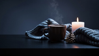 Cozy and Warm Winter Evening Scene Featuring a Steaming Mug of Hot Beverage, Knitted Scarf, and a Lit Candle, Evoking Comfort and Relaxation
