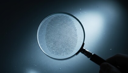 Hand holding magnifying glass revealing a glowing fingerprint pattern on a dark background, symbolizing forensic investigation, biometric identification and security analysis