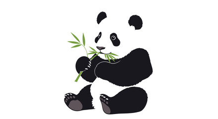 A cute cartoon panda enjoys eating a stalk of bamboo on a white background.