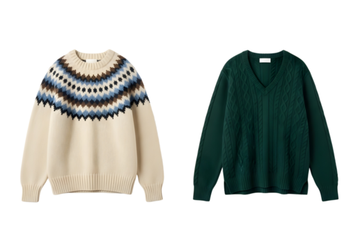 Two sweaters one fair isle pattern and one green v neck isolated on transparent background