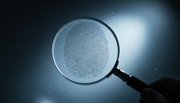 Hand holding magnifying glass revealing a glowing fingerprint pattern on a dark background, symbolizing forensic investigation, biometric identification and security analysis