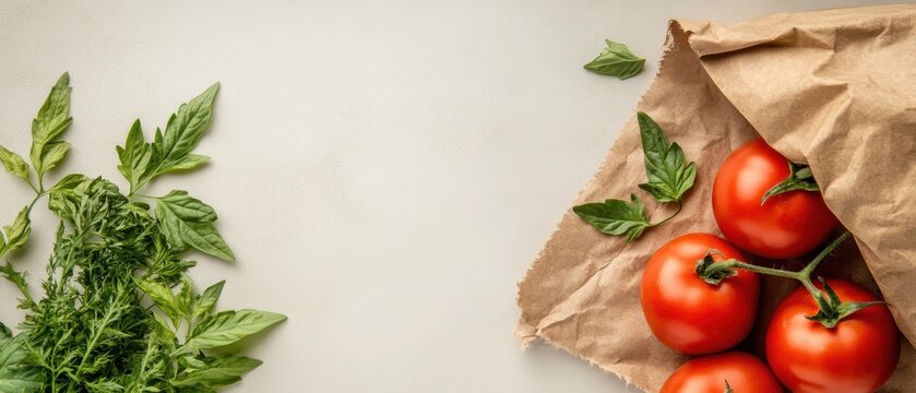 Fresh red tomatoes and green leaves spilling from a brown paper bag on a light surface, concept of urban farming harvest.
