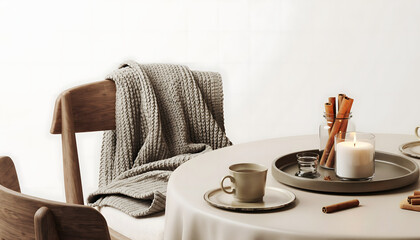 A cozy table setting features a cup, candle, blanket, and cinnamon sticks, creating a warm, inviting atmosphere for relaxation or a peaceful moment